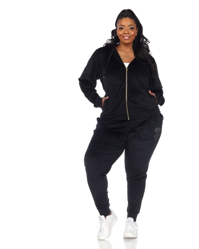 Front of a model wearing a size 3X Rhinestone 2 Piece Velour Tracksuit Set in Black by White Mark. | dia_product_style_image_id:247864